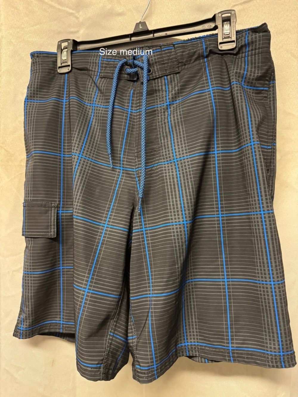 Men's Black Board Shorts with Blue Plaid